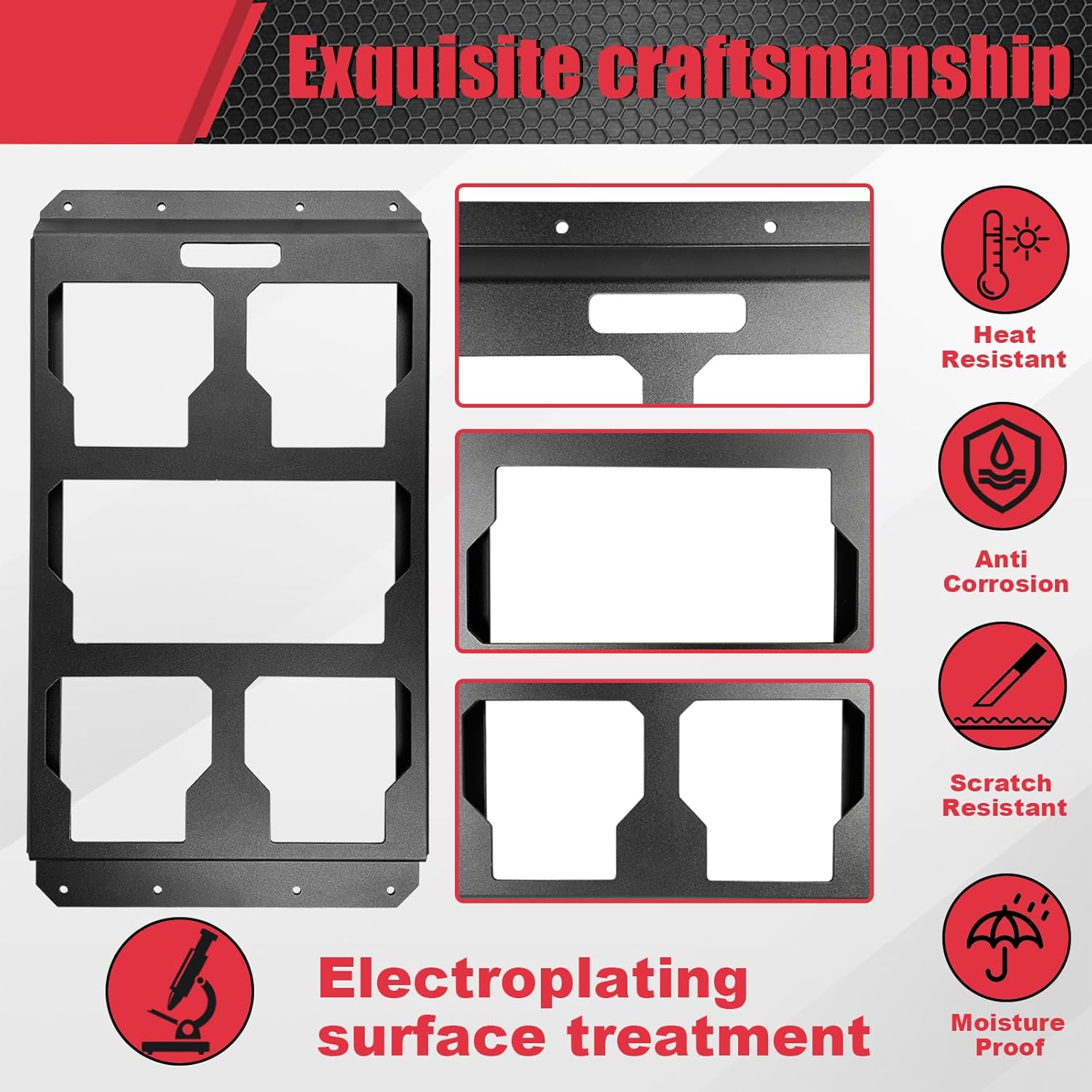 Metal protective plate with features highlighted on a red and gray background