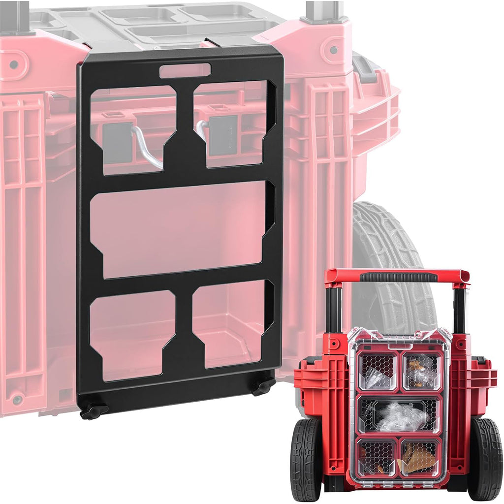 Red and black tool cart with clear storage compartments on a white background