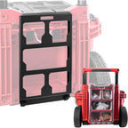 Red and black tool cart with clear storage compartments on a white background