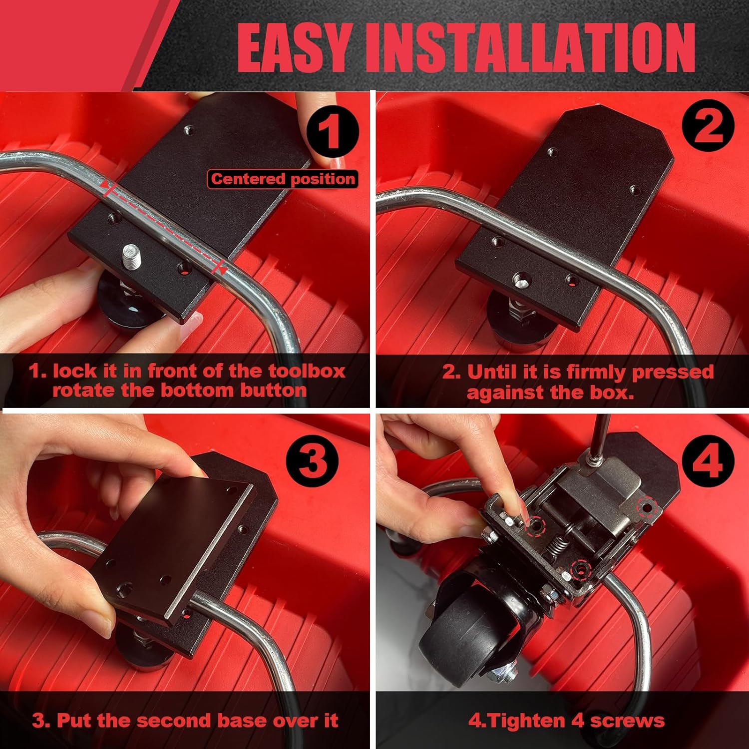 Step-by-step installation guide for a tool box support system with text instructions.