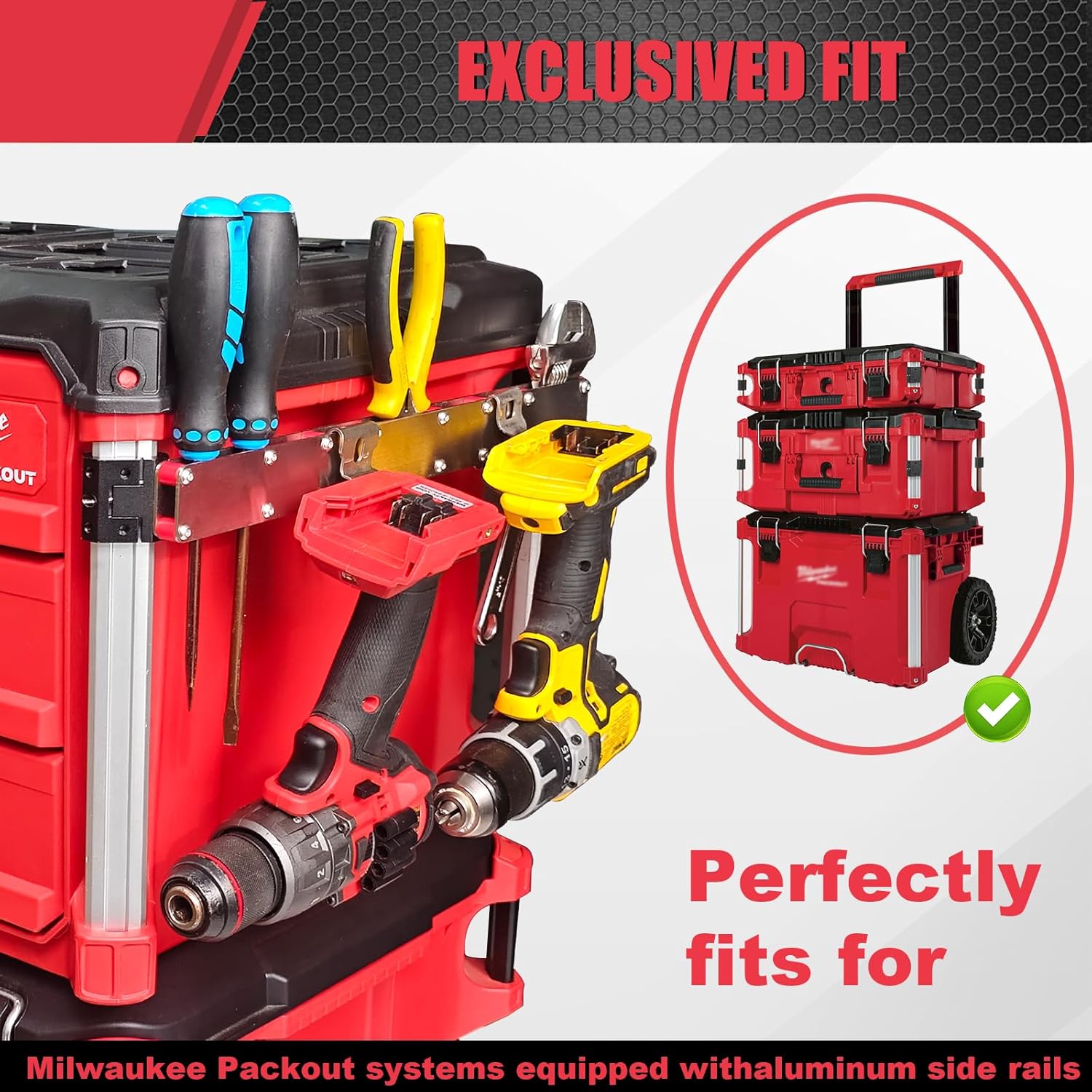 Power Drill Holder Fits for Milwaukee Packout Toolbox,Tape Measure Tool holder, Hanging Screwdrivers, Wrenches on The Side for Packout Toolbox Organizer