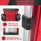 Packout Toolbox Rail Corner Clip with red toolbox and kettlebells on a white background