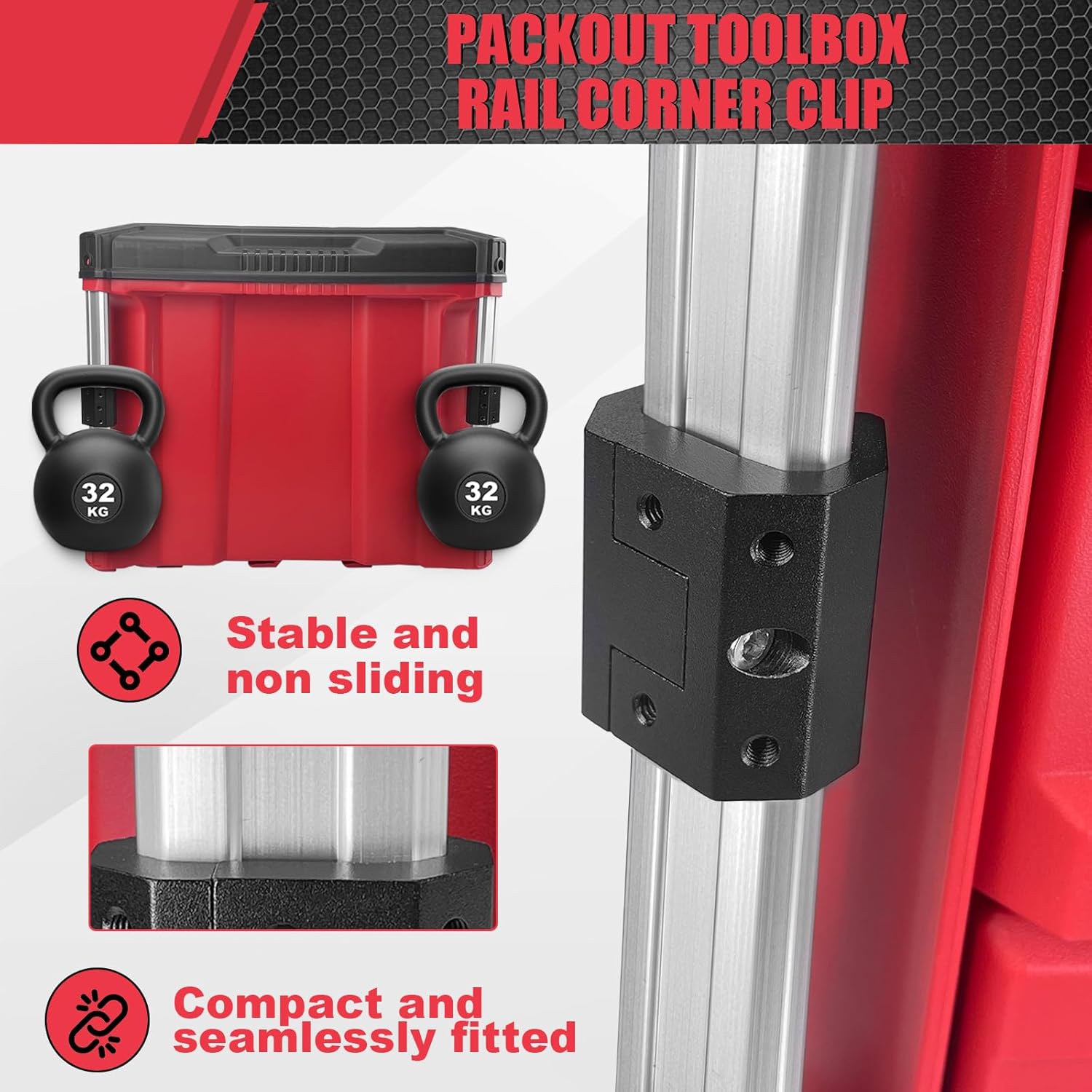 Packout Toolbox Rail Corner Clip with red toolbox and kettlebells on a white background