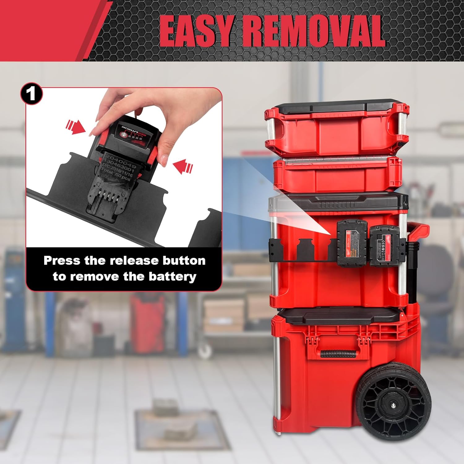 4-Slot Battery Holder for Modular Tool Storage Systems – Side Mount Battery Organizer with Corner Rail Clips, Secure & Easy Access