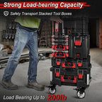 Person lifting a stack of black and red tool boxes with text about load-bearing capacity in a workshop setting.