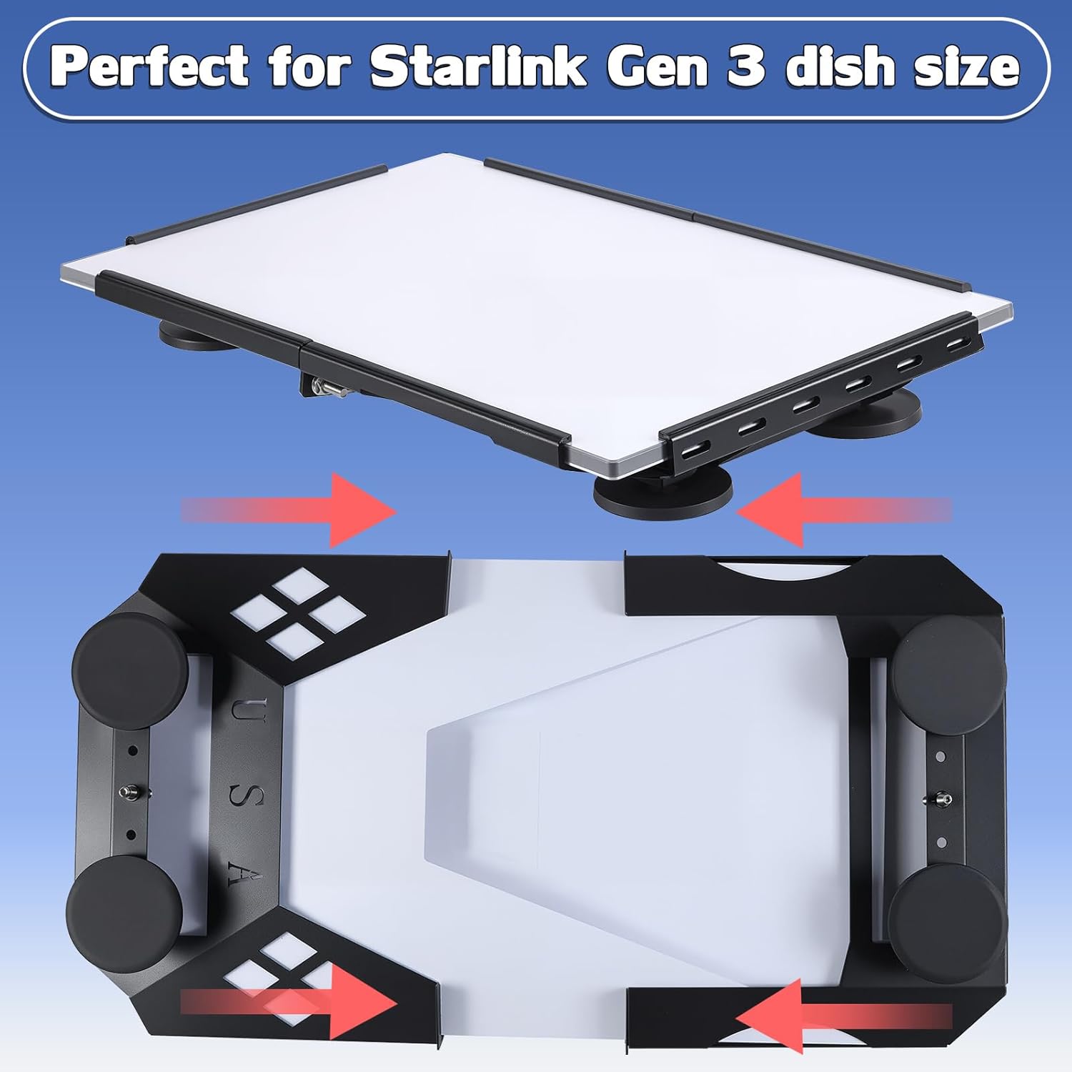 Starlink Gen 3 dish size product with arrows indicating movement on a blue background