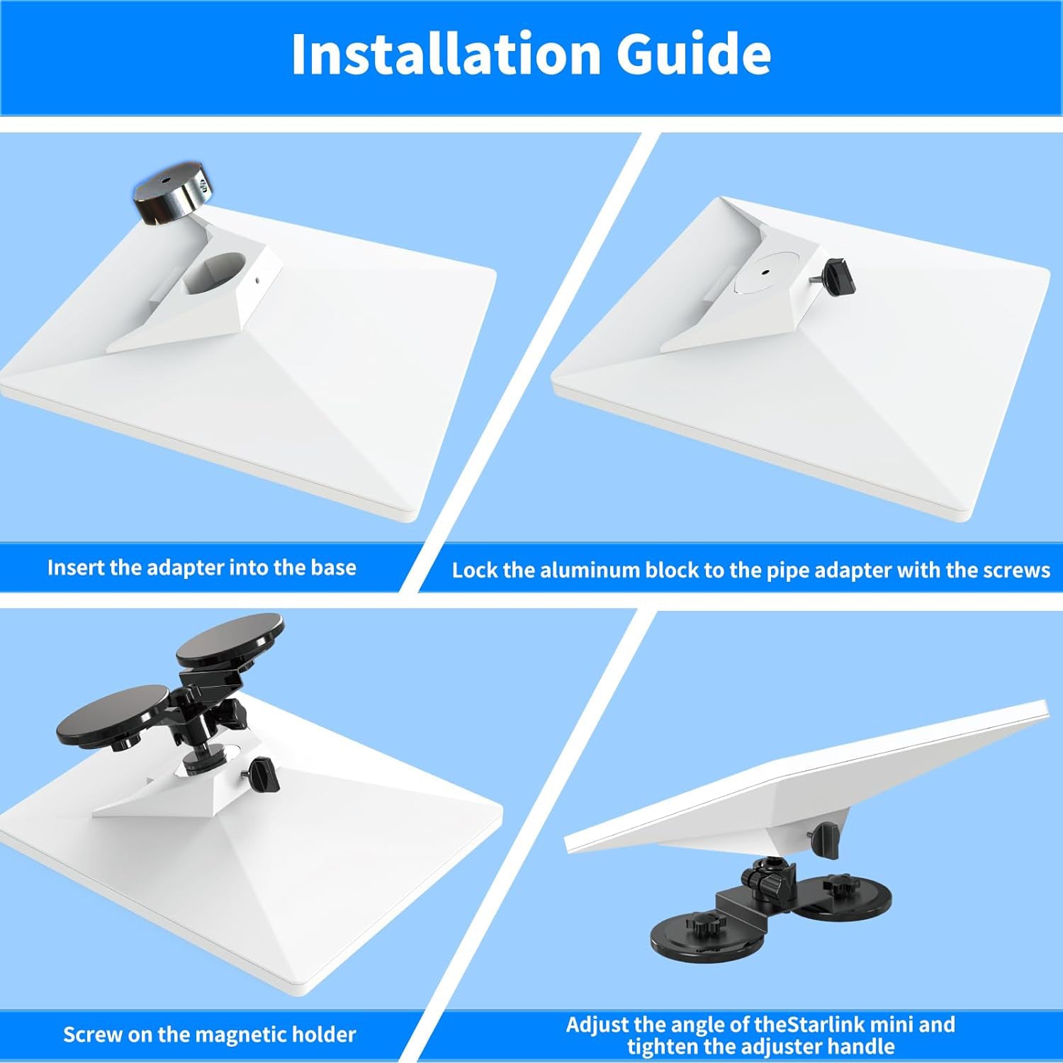 Step-by-step installation guide for a Starlink mini antenna on a blue background