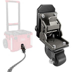 Black caster wheel assembly with a pink cooler and white background