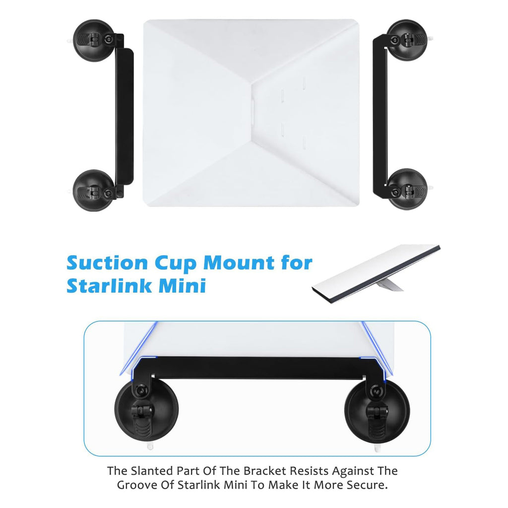 Suction cup mount for Starlink Mini with bracket and text description on a white background