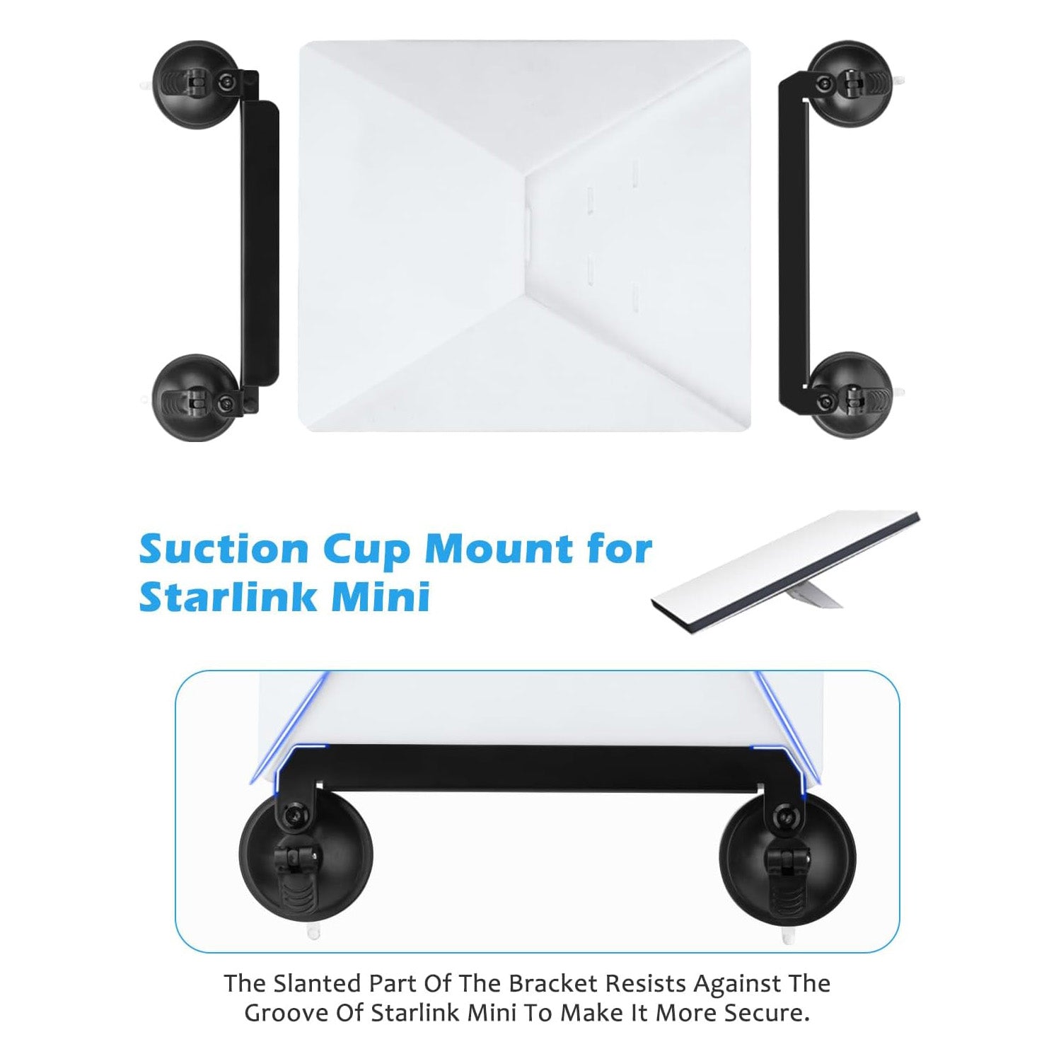 Suction cup mount for Starlink Mini with bracket and text description on a white background