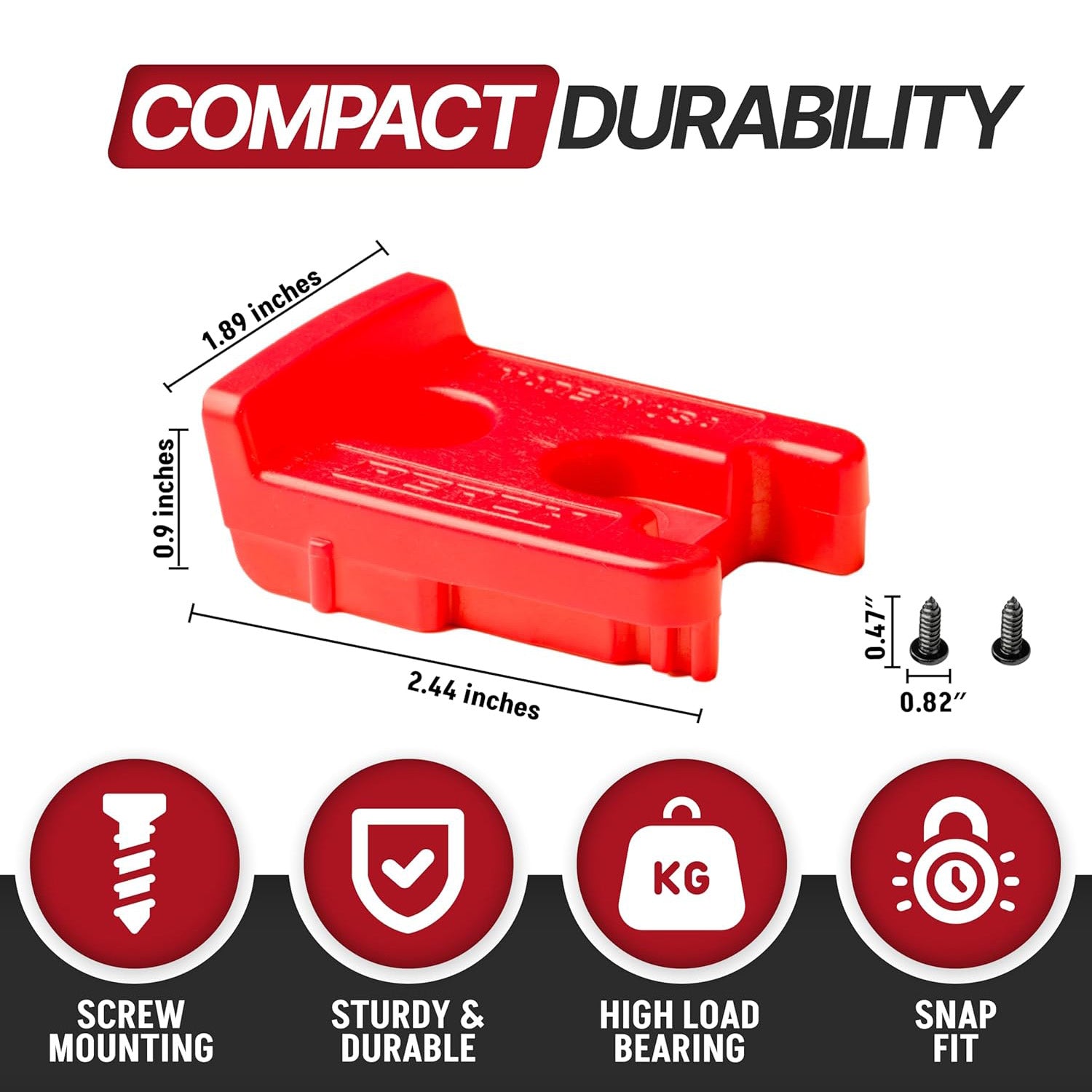 Red plastic component with dimensions and features on a white background