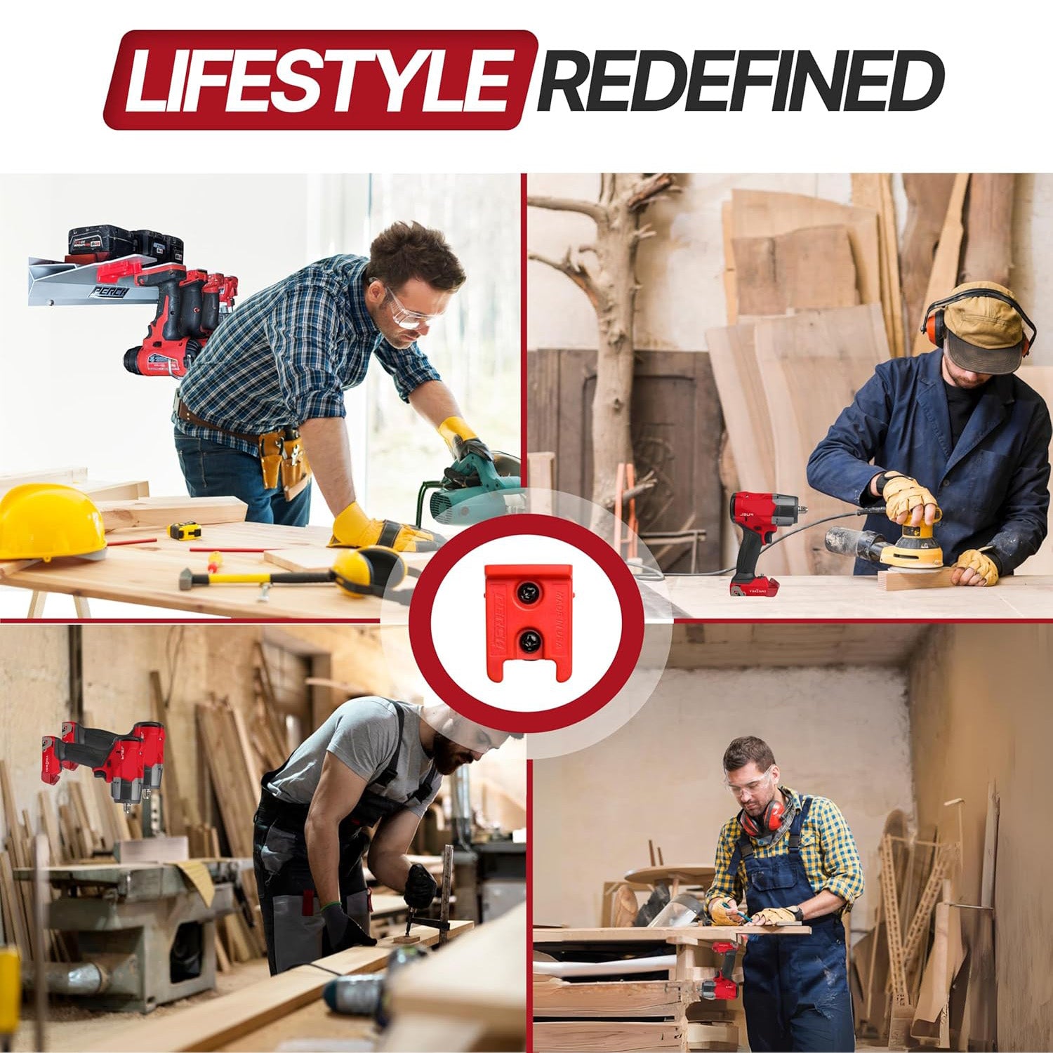 Collage of a person working with tools and wood, featuring the 'Lifestyle Redefined' brand.