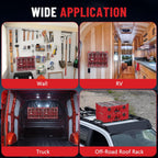 Red storage boxes used in various settings including wall, RV, truck, and off-road roof rack.