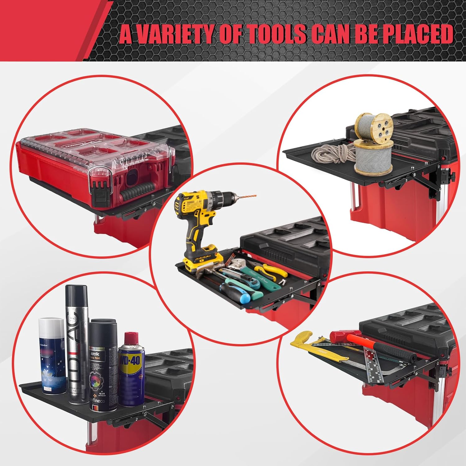 Tool storage system with various tools and containers on a white background