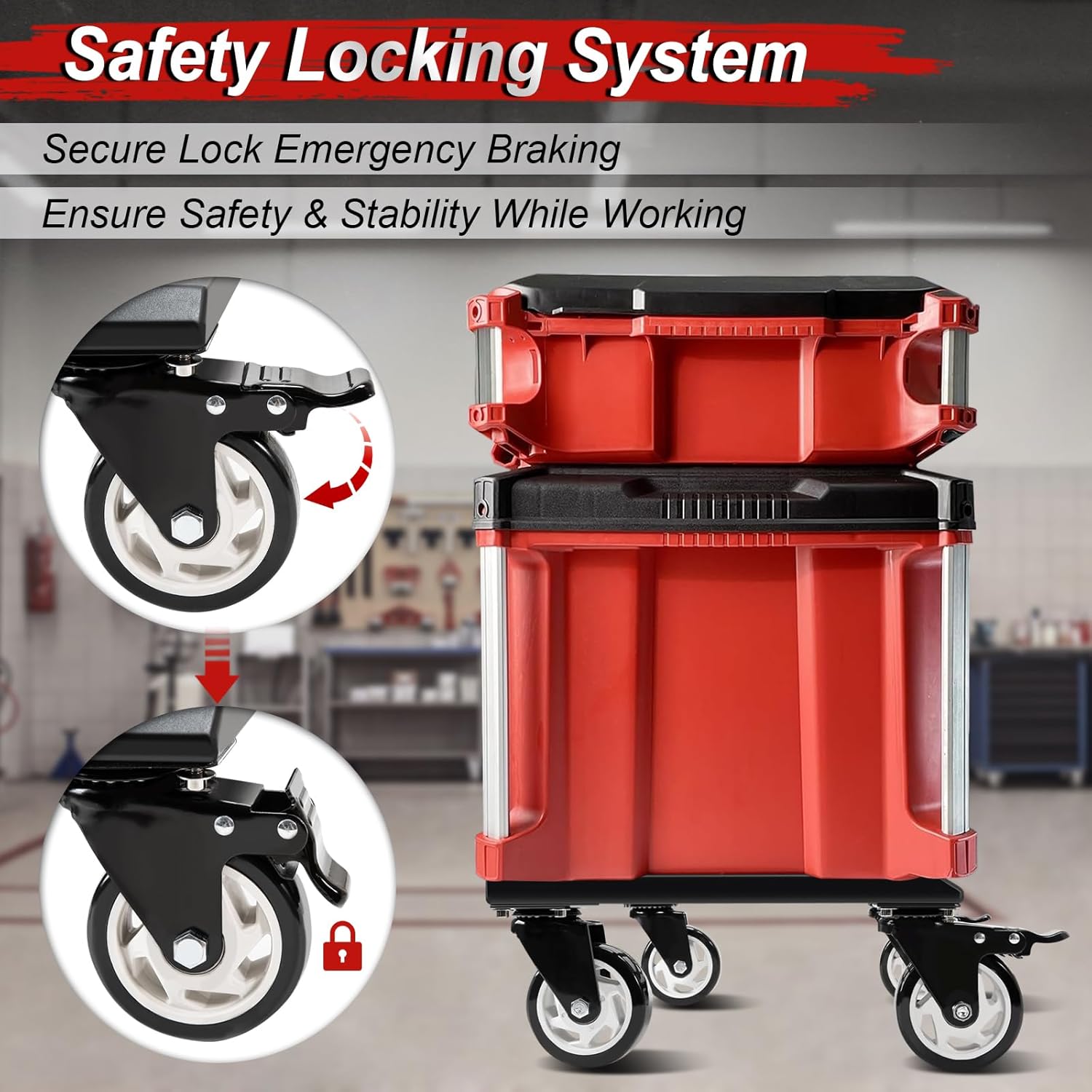 Red storage cart with safety locking system and emergency braking features, shown in a workshop setting.