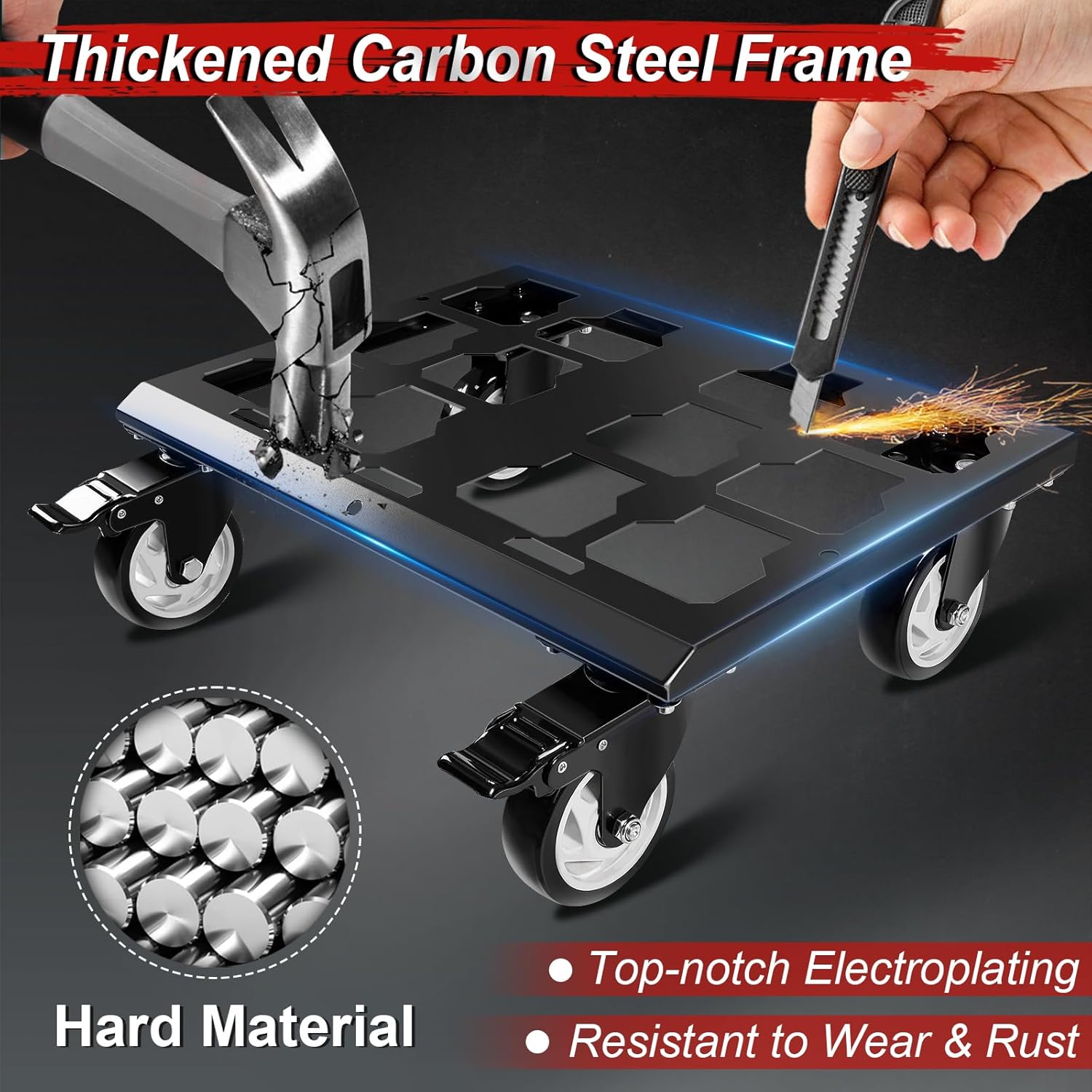 Metal dolly with wheels, tools, and text highlighting thick carbon steel frame and hard material properties.