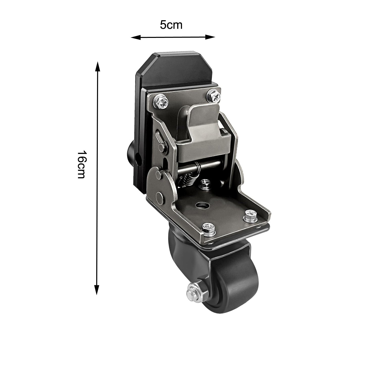 Black metal bracket with dimensions indicated on a white background