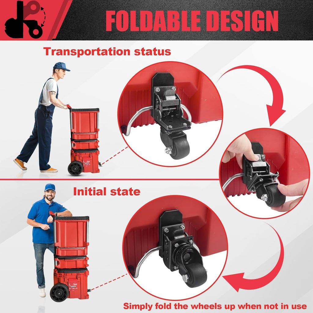 Red foldable trolley with transportation and initial state illustrations, highlighting its design features.