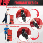 Red foldable trolley with transportation and initial state illustrations, highlighting its design features.