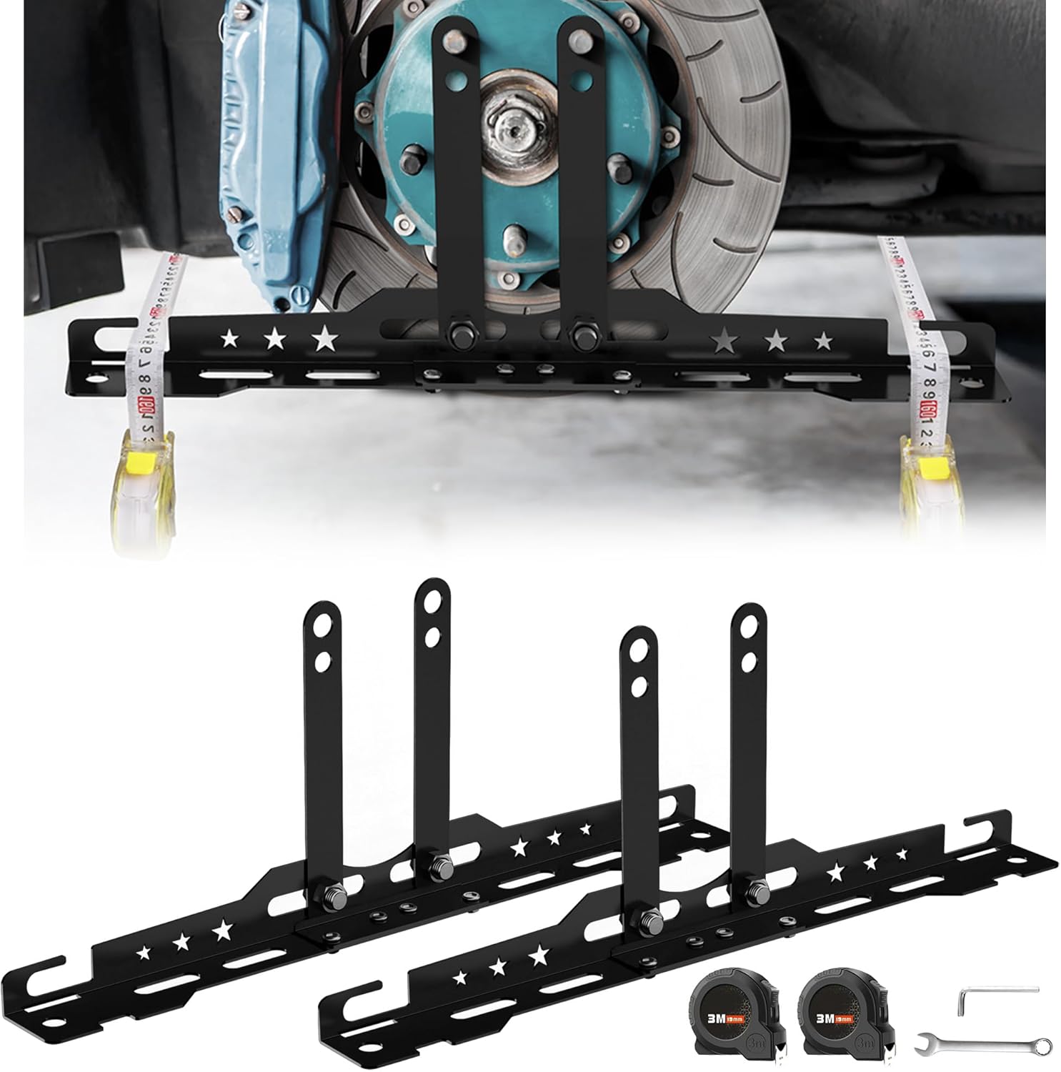 Upgraded Wheel Alignment Tool with Dual Measuring Tapes – Universal Toe Plates for Cars, Trucks & SUVs (14mm/16mm Nuts) – DIY-Friendly, No Caliper Removal – Durable Iron Construction