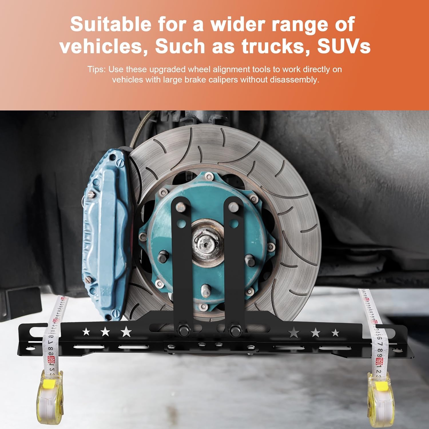 Upgraded Wheel Alignment Tool with Dual Measuring Tapes – Universal Toe Plates for Cars, Trucks & SUVs (14mm/16mm Nuts) – DIY-Friendly, No Caliper Removal – Durable Iron Construction