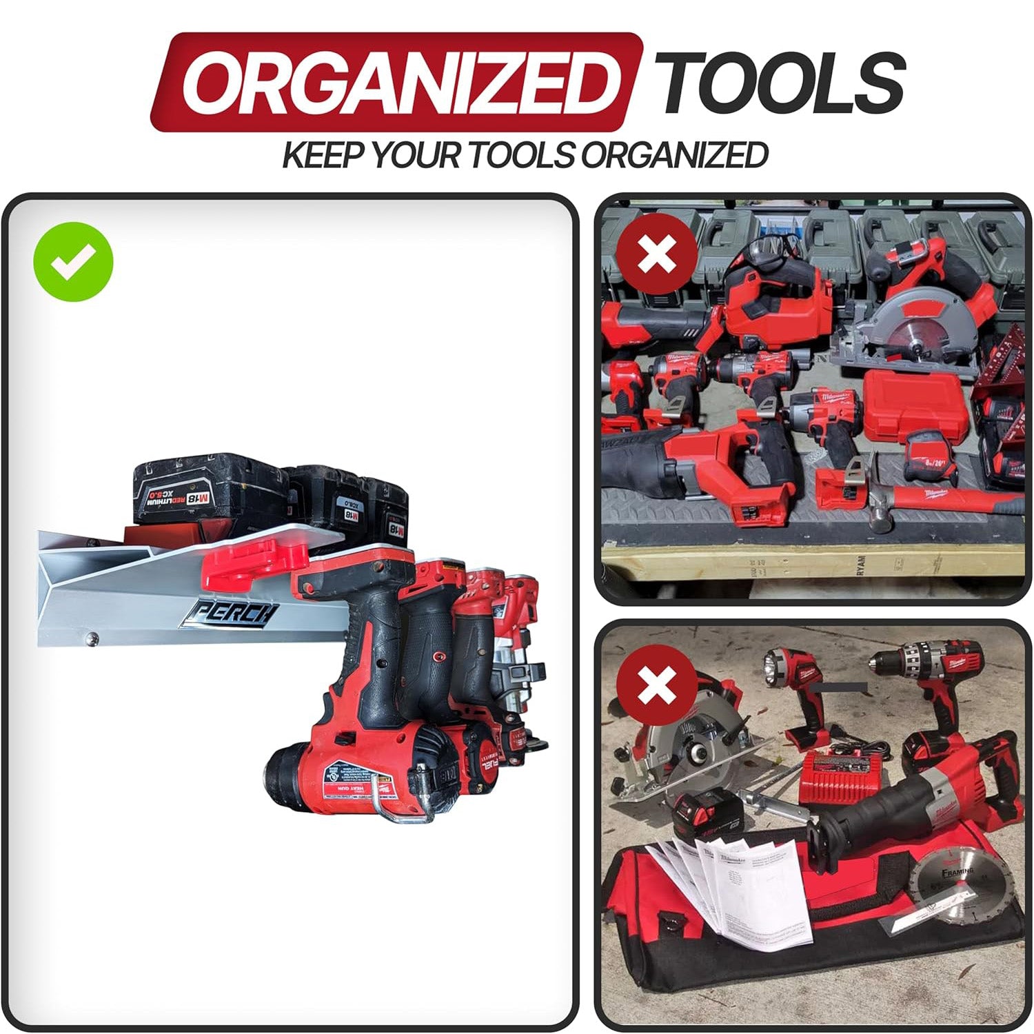 Comparison of organized and disorganized tool storage with a toolbox and tools.