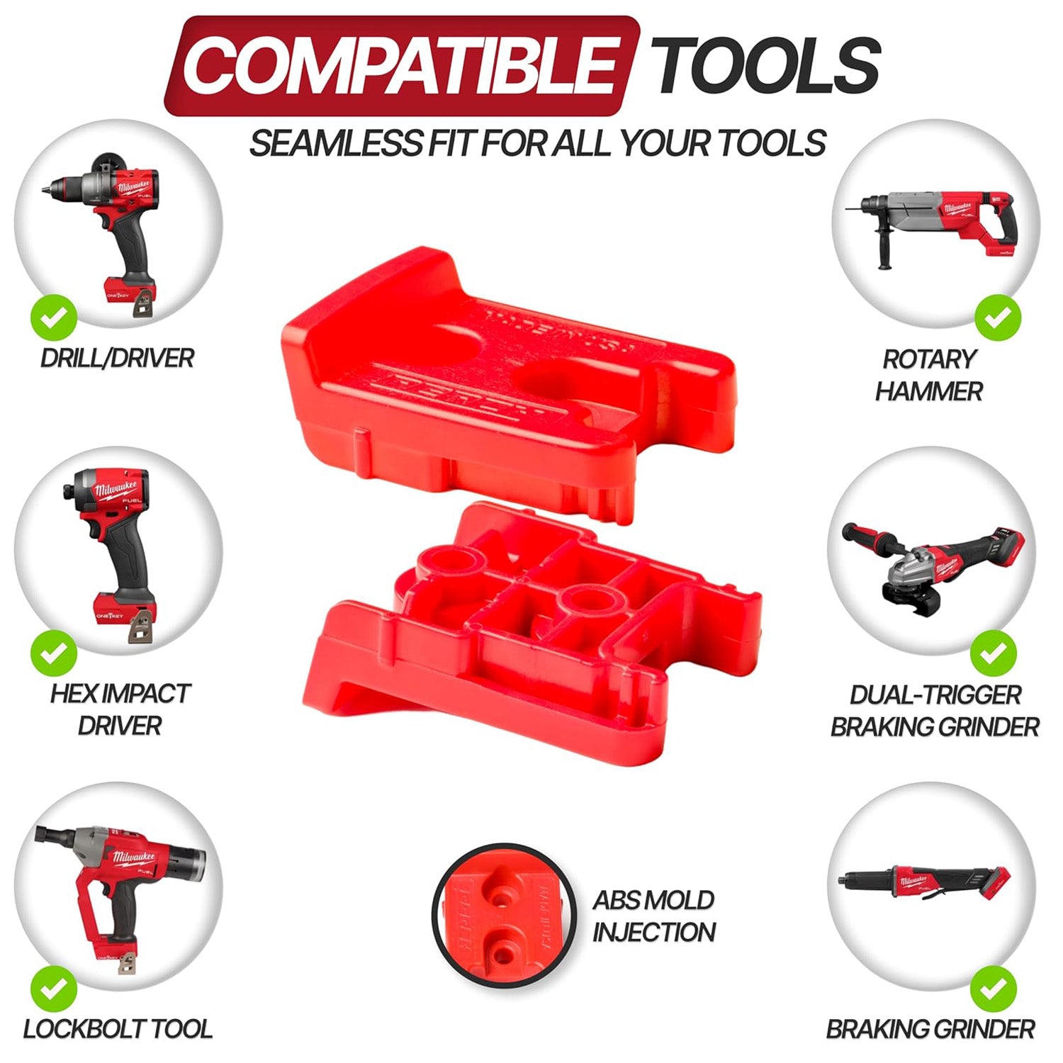 Red tool holder with compatible tools on a white background