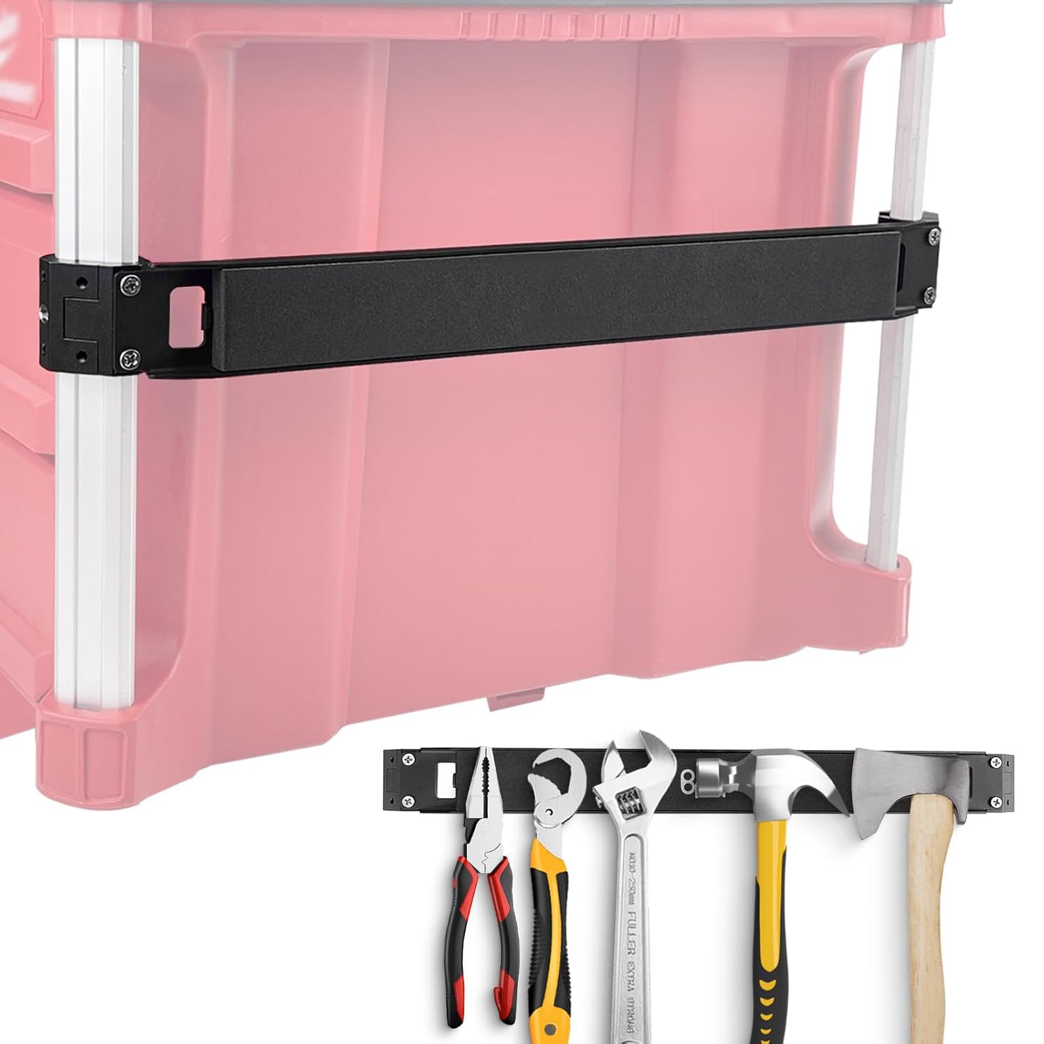 Magnetic tool bar mount compatible with Milwaukee 48-22-8426 Packout rolling toolbox, front view of magnetic strip on Packout.