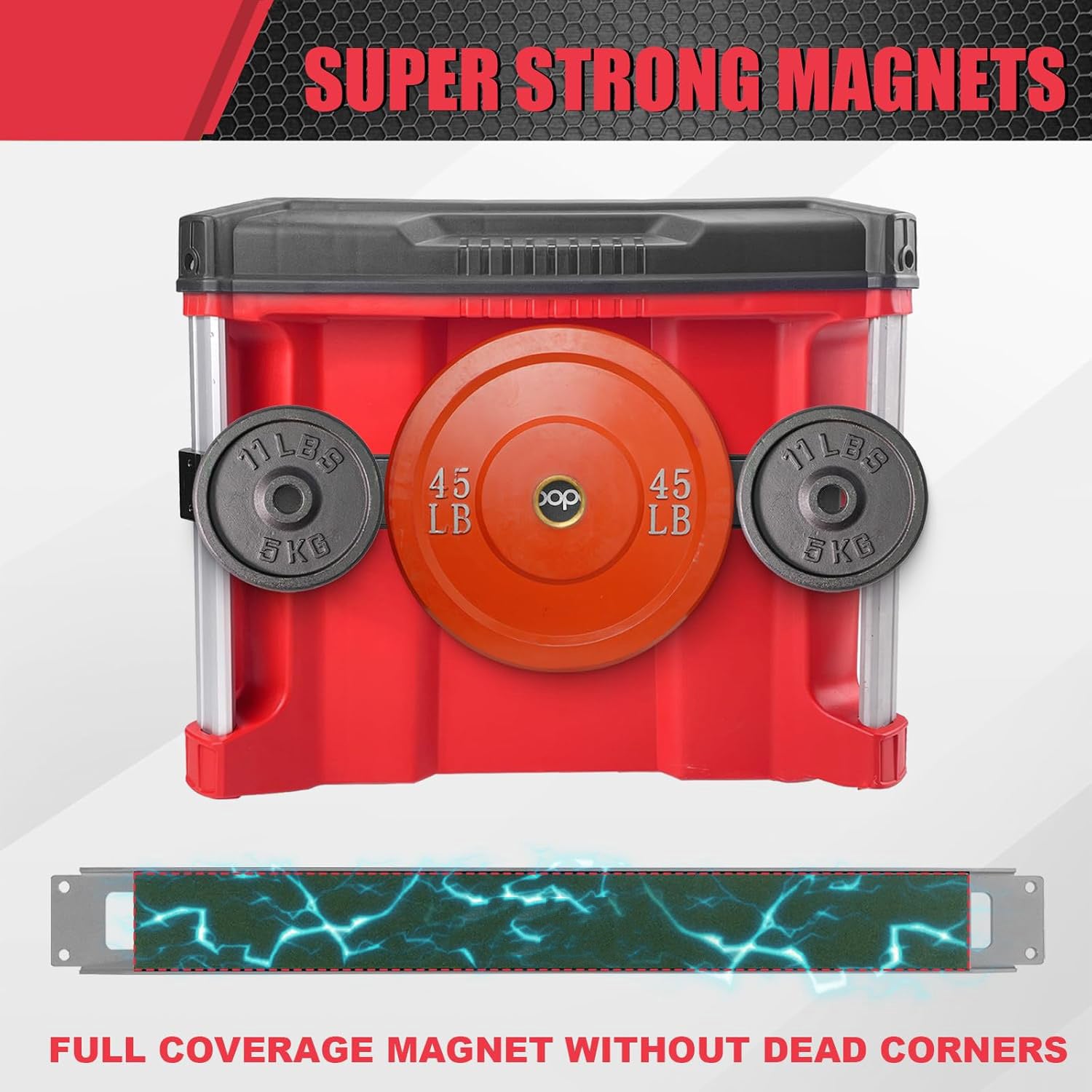 Powerful magnetic strip holding wrenches, screwdrivers, and pliers firmly in place on the Packout system